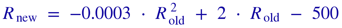 R new = -0.0003 x R old squared + 2 x R old - 500