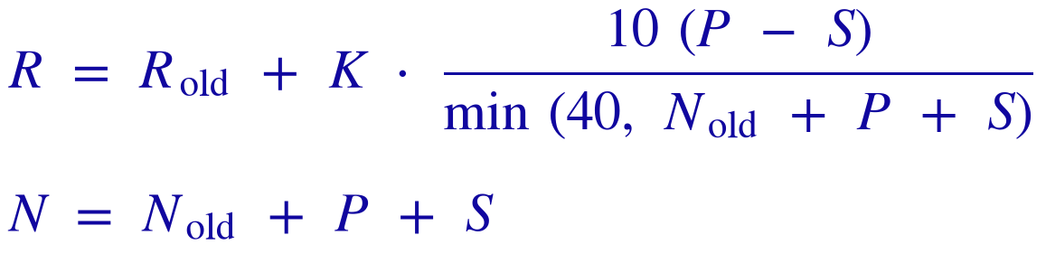 R = R old + K x 10 (P - S) / min(40, N old + P + S); N = N old + P + S
